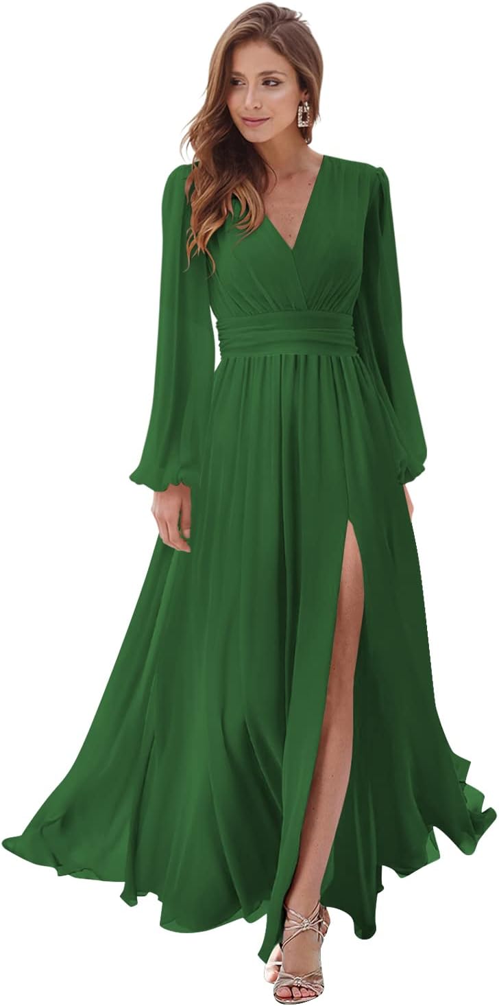 Women's Long Sleeve Bridesmaid Dresses with Slit V Neck A Line Chiffon Formal Evening Gowns with Pockets Mother of the Bride Gowns