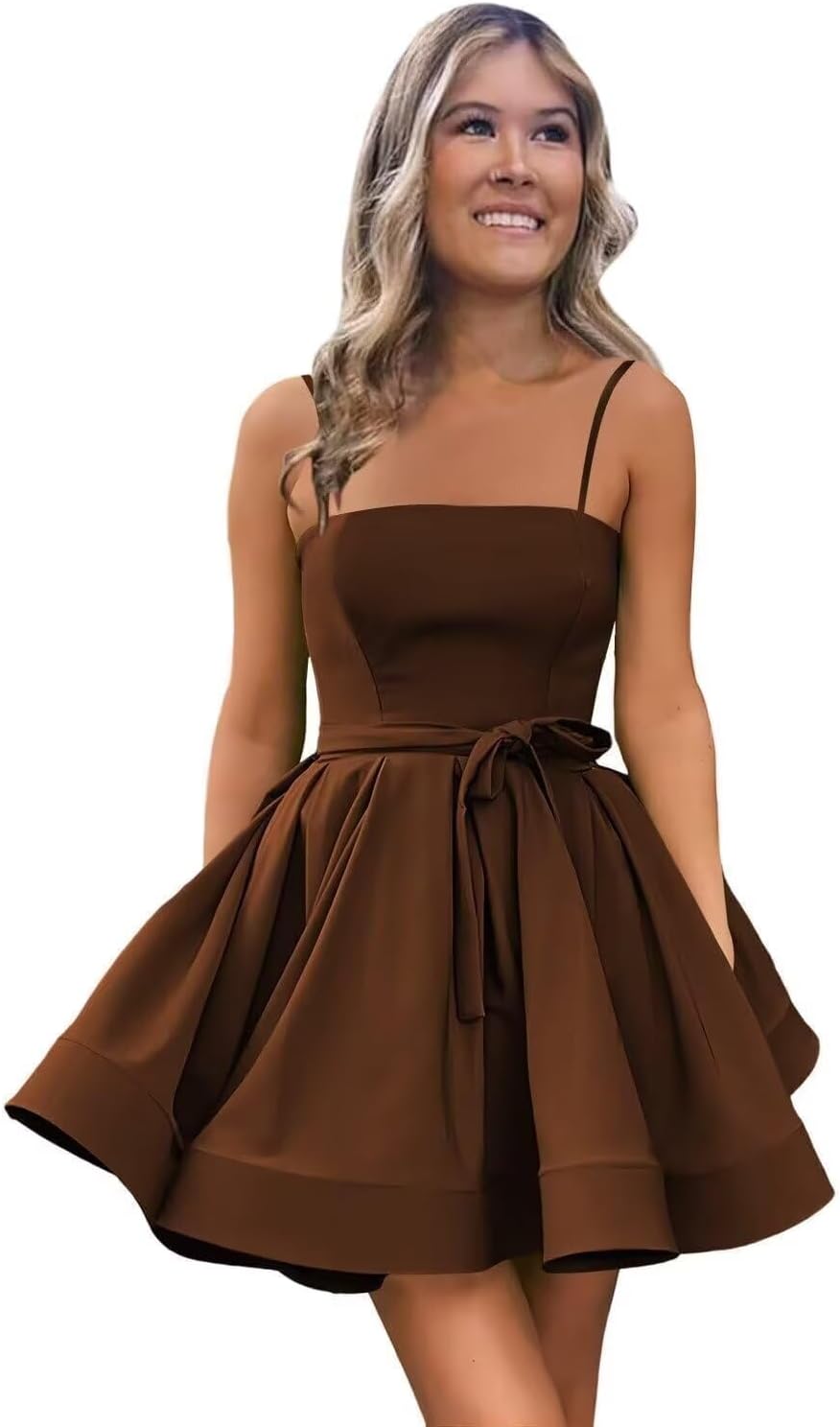 Women’s Short Satin Spaghetti Straps Formal Homecoming Dresses A Line Corset Puffy Prom Gown with Pockets for Teens