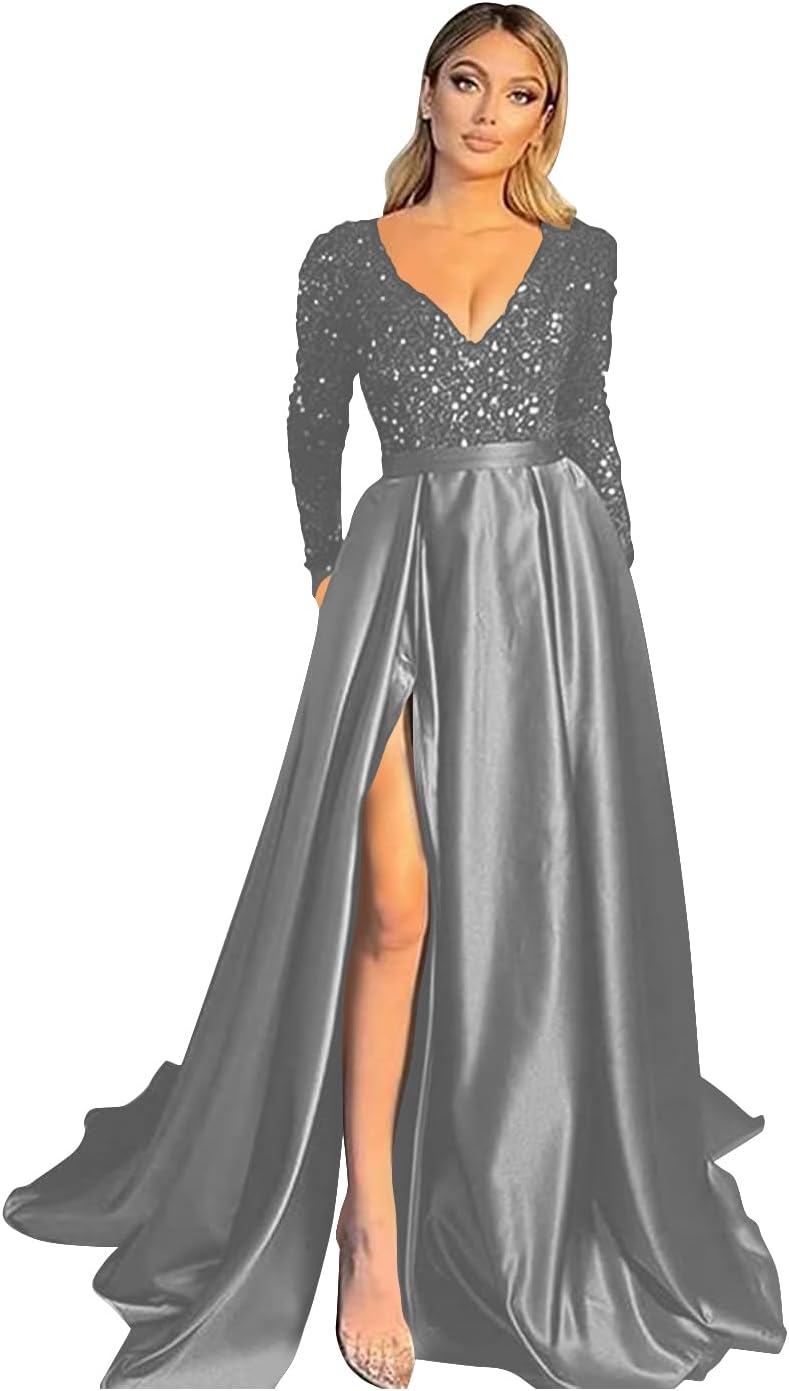 Vestido de fiesta de satén con lentejuelas brillantes para mujer, con bolsillos, manga larga y abertura. 