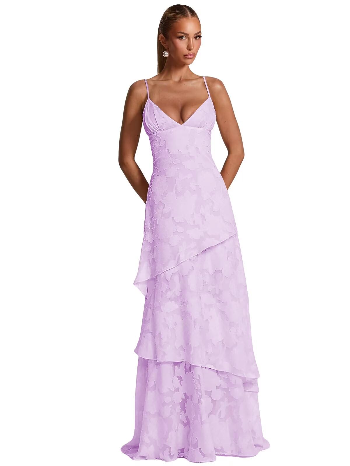Spaghetti Strap Floral Bridesmaid Dresses for Women Tiered Ruffle A-Line Long Formal Prom Dress
