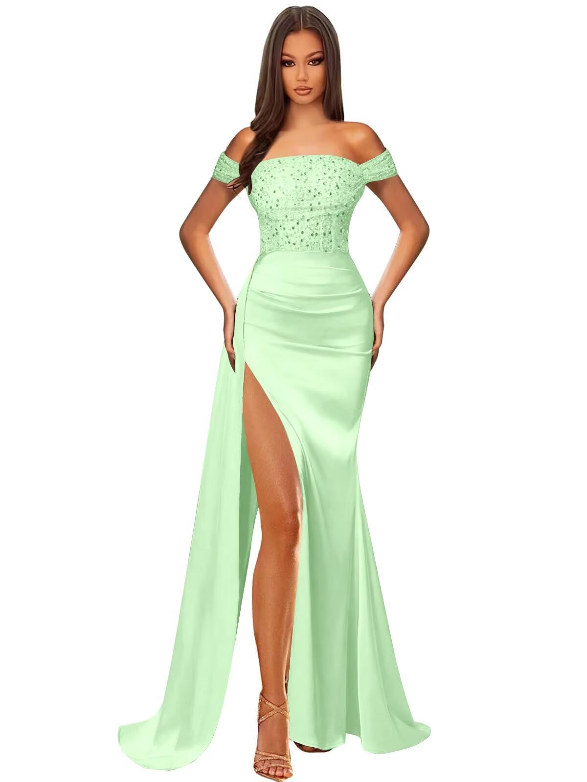 Off Shoulder Sequin Prom Dresses for Women 2027 Long Mermaid Tight Satin Formal Evening Party Dress with Slit