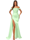 Off Shoulder Sequin Prom Dresses for Women 2027 Long Mermaid Tight Satin Formal Evening Party Dress with Slit