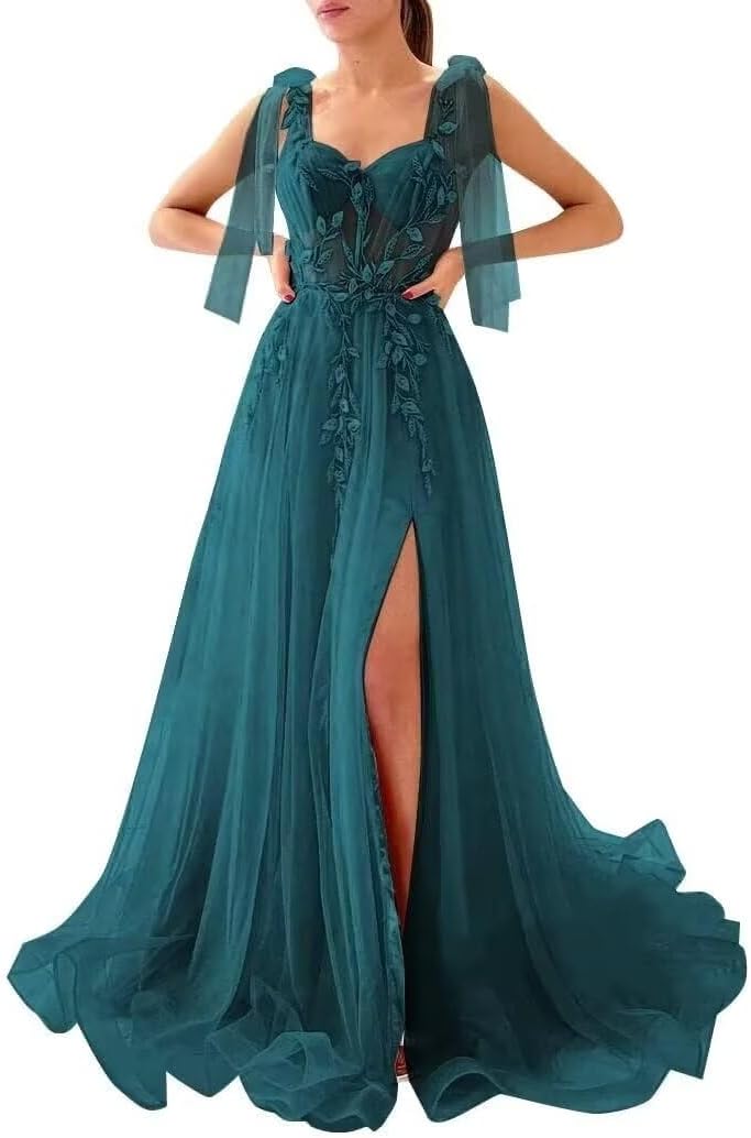 Appliques Tulle Lace Prom Dresses with Slit Spaghetti Straps Formal Evening Dress Sweetheart Ball Gowns