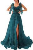 Appliques Tulle Lace Prom Dresses with Slit Spaghetti Straps Formal Evening Dress Sweetheart Ball Gowns