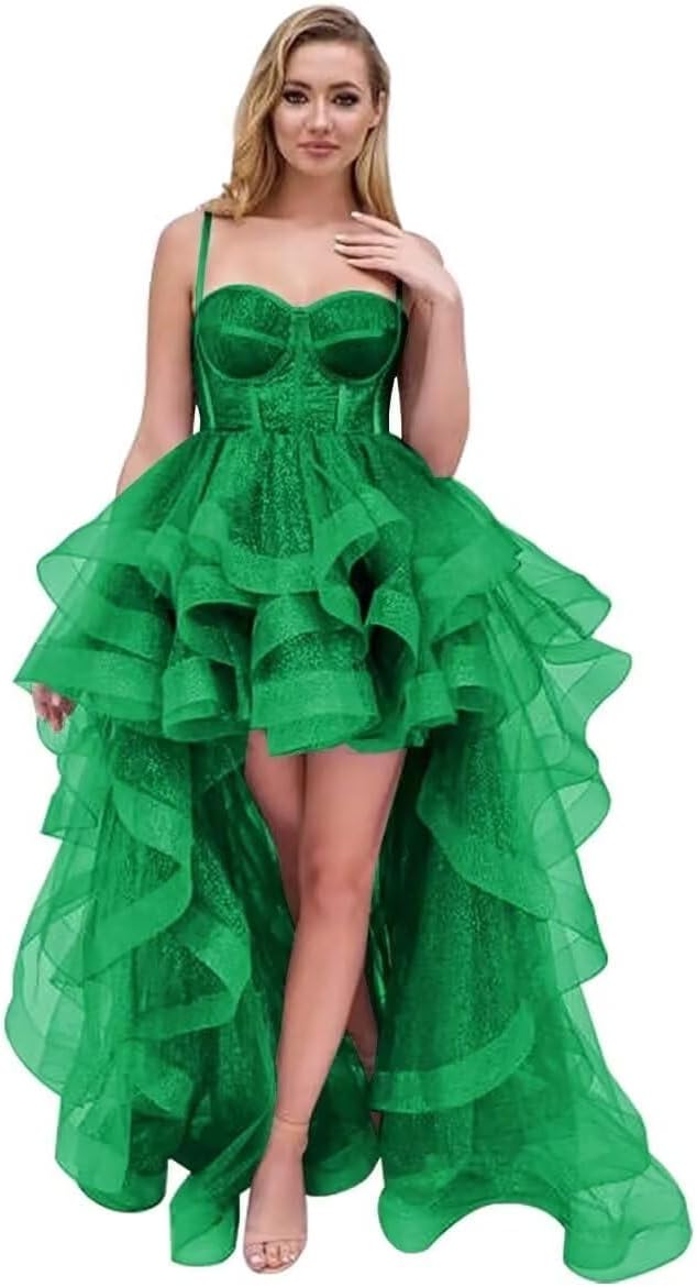 Spaghetti Cocktail Party Dress for Women High-Low Ruffled Summer Dress Long Trailing Prom Ball Gown