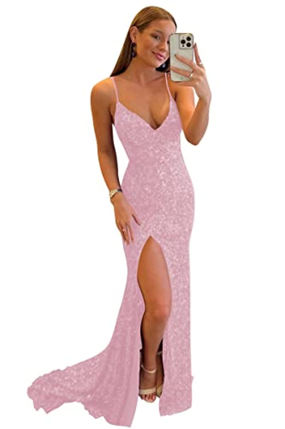 Women's Spaghetti Straps Sequin Prom Dresses Mermaid Sleeveless Double V-Neck Sparkle Evening Dress with Slit
