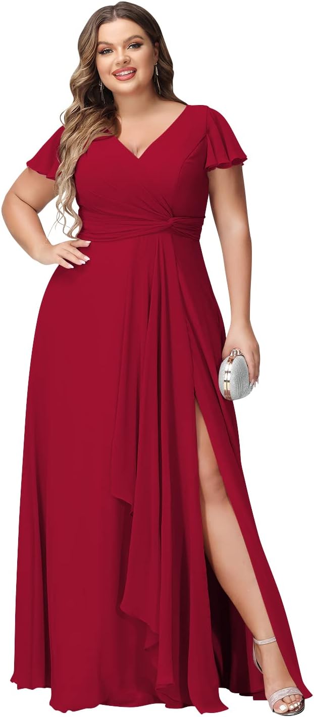 Vestidos de dama de honor de talla grande con mangas con volantes y bolsillos, vestido formal largo con escote en V y abertura. 