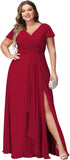 Vestidos de dama de honor de talla grande con mangas con volantes y bolsillos, vestido formal largo con escote en V y abertura. 