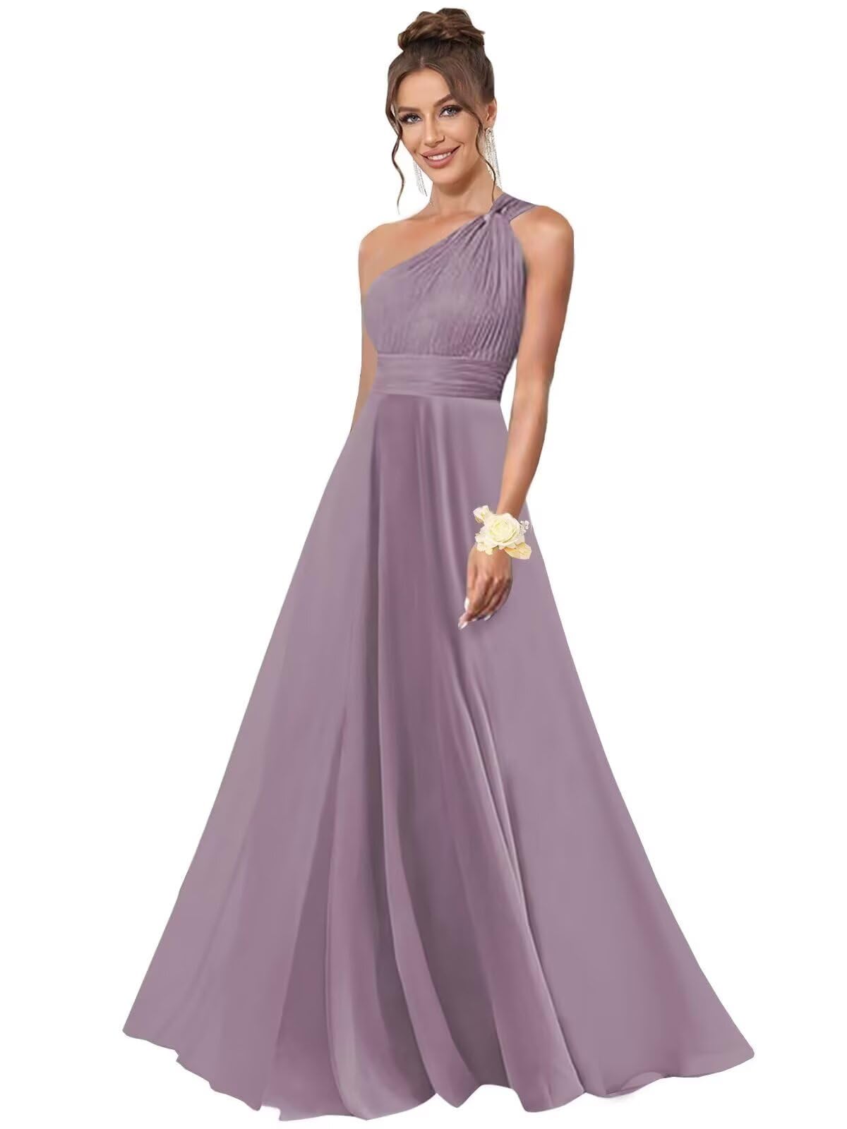 One Shoulder Bridesmaid Dresses for Women Chiffon A Line Pleated Long Formal Gowns with Pockets