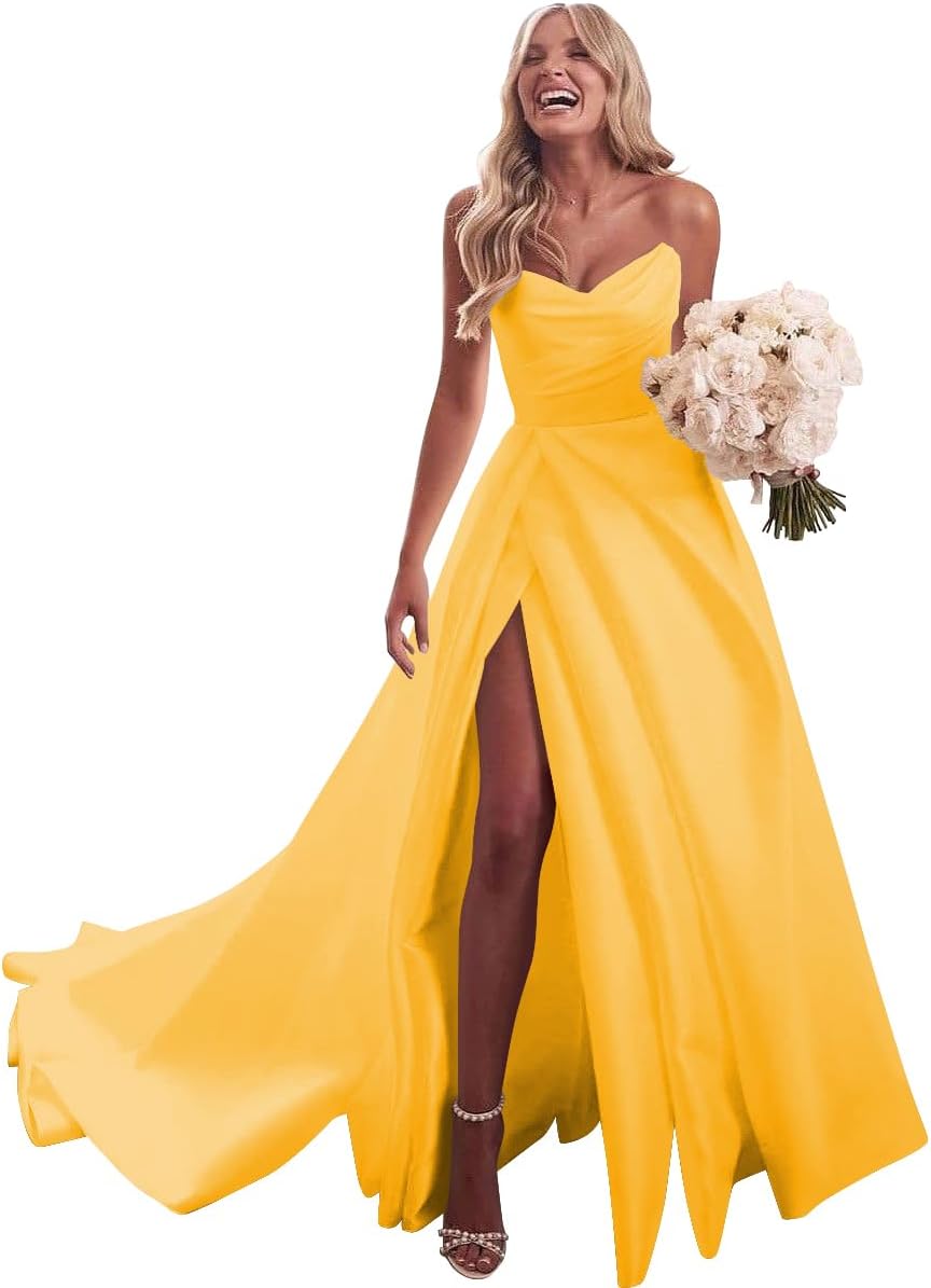 Strapless Satin Prom Wedding Dresses with Slit Long Pleats Formal Ball Bridal Gowns with Pockets