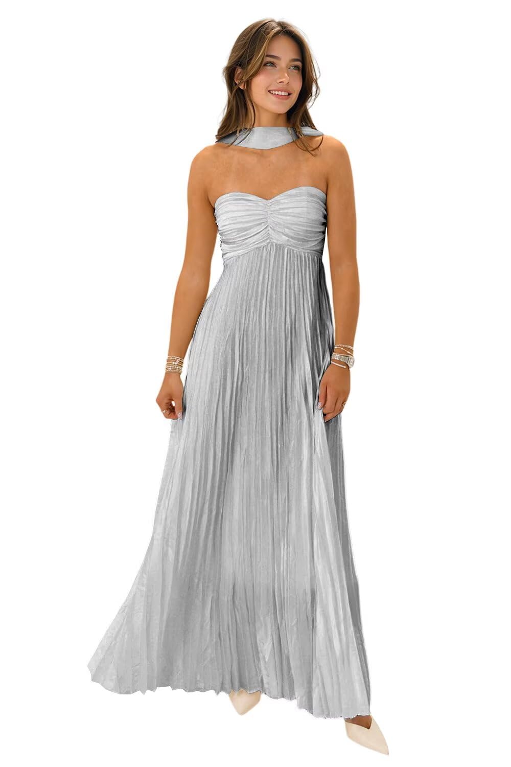 Flowy Chiffon Bridesmaid Prom Dress with Scarf Strapless Pleated Formal Evening Dresses