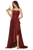 Women's Long Satin Bridesmaid Dresses Spaghetti Strap Halter Formal Evening Gown Ruffle High Low Wedding Guest Dress
