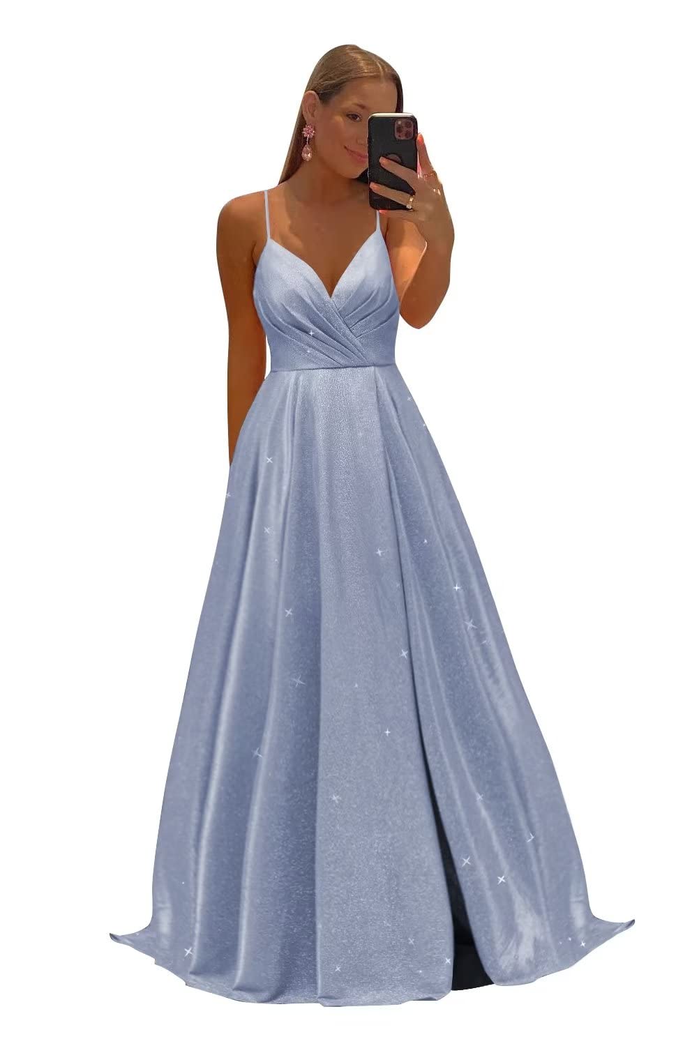 Women's Spaghetti Straps Prom Dresses Long V-Neck Sparkling Bridesmaid Dresses Formal Evening Gowns with High Slit