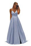 Women's Spaghetti Straps Prom Dresses Long V-Neck Sparkling Bridesmaid Dresses Formal Evening Gowns with High Slit