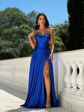 Strapless Prom Dress with Slit Satin A Line Long Ball Gowns for Women Sweetheart Corset Formal Dress with Pockets