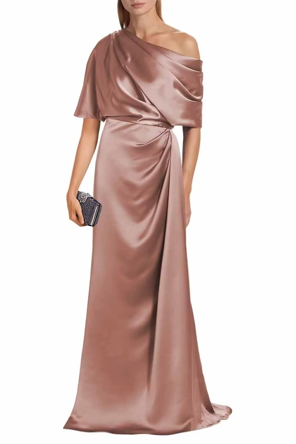 Satin Mother of The Bride Dresses for Wedding One Shoulder Formal Dress with Sleeves Mermaid Evening Party Gowns