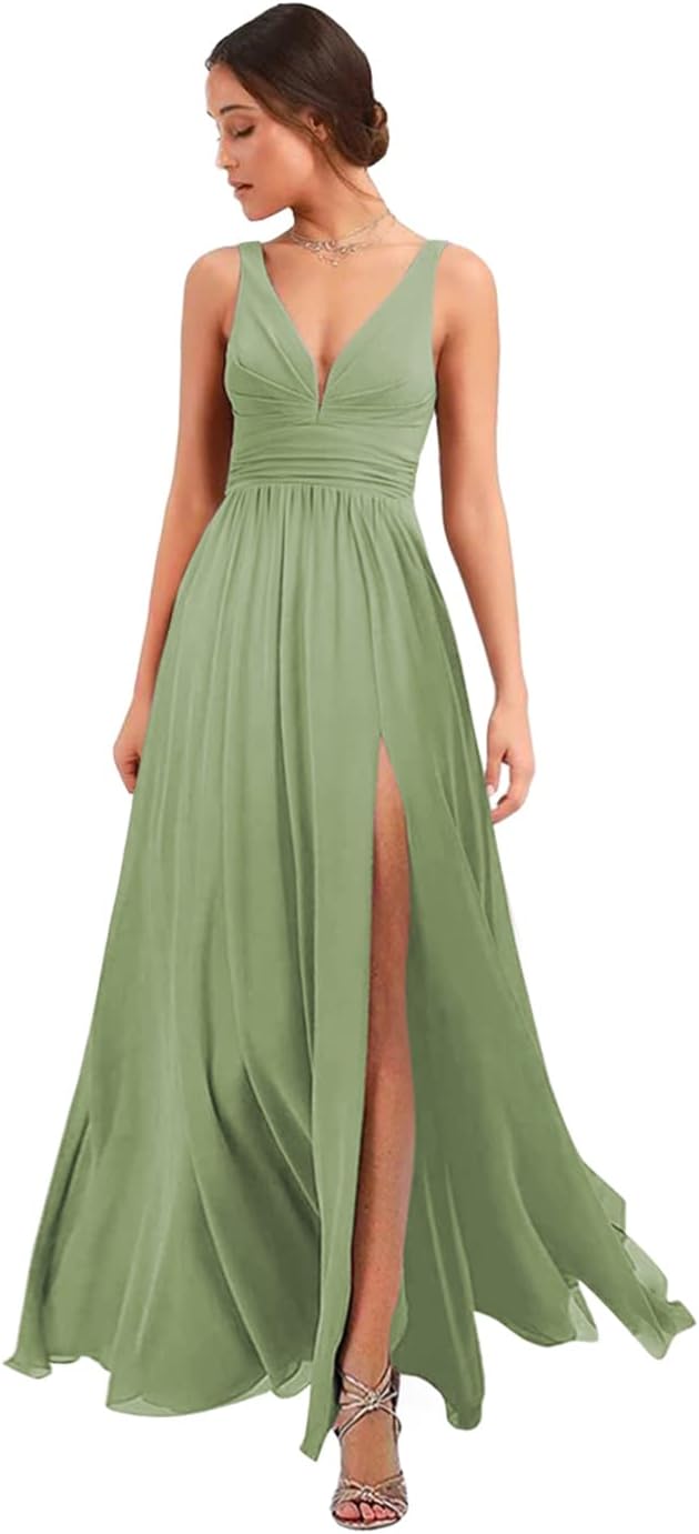 Women's Deep V Neck Bridesmaid Dresses with Slit Chiffon Pleats A Line Formal Party Dresses with Pockets