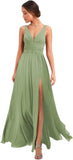 Women's Deep V Neck Bridesmaid Dresses with Slit Chiffon Pleats A Line Formal Party Dresses with Pockets
