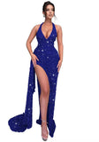Sparkly Sequin Halter Prom Dresses for Women Mermaid Formal Dress with Slit Backless Ruched Evening Party Gowns