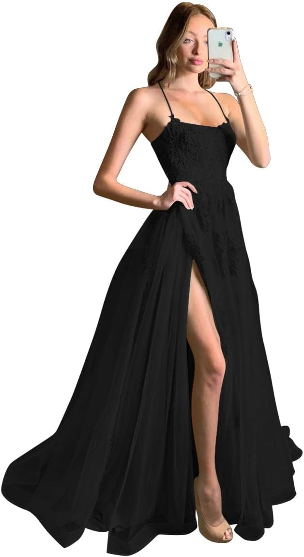 Women's Lace Criss-Cross Prom Dresses with Slit Spaghetti Straps Long Formal Evening Gowns