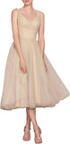 Tea Length A-Line V Neck Formal Evening Party Gowns for Women Sleeveless Puffy Midi Tulle Cocktail Prom Dress