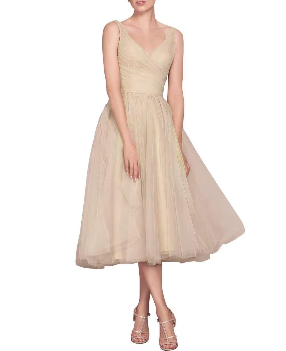 Tea Length A-Line V Neck Formal Evening Party Gowns for Women Sleeveless Puffy Midi Tulle Cocktail Prom Dress
