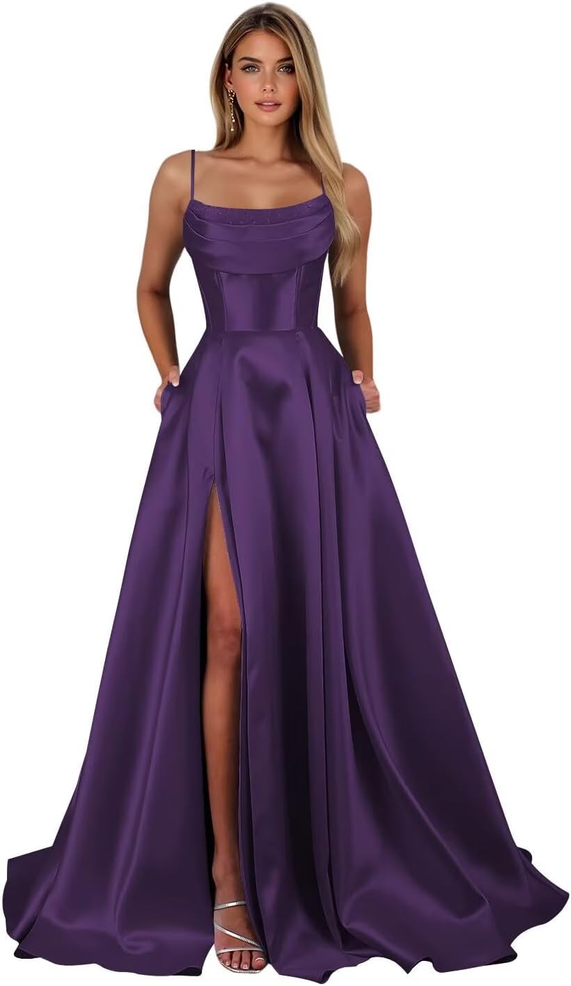 Satin Prom Dresses for Teens Long A-Line Cowl Neck Formal Evening Gown with Slit 2026 Maxi Ball Gowns