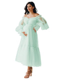 Tulle Tea Length Maternity Dresses for Photo Shoot Long Sleeve Pregnancy Gown for Baby Shower