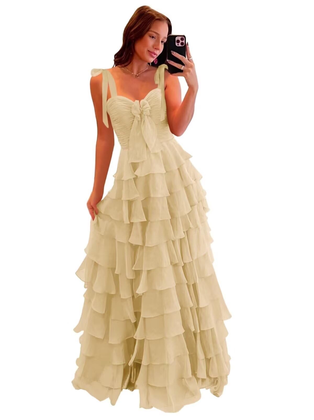 Tiered Prom Dresses with Bow Long A-Line Chiffon Formal Evening Dress for Women Spaghetti Straps Slit Ball Gown