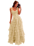 Tiered Prom Dresses with Bow Long A-Line Chiffon Formal Evening Dress for Women Spaghetti Straps Slit Ball Gown
