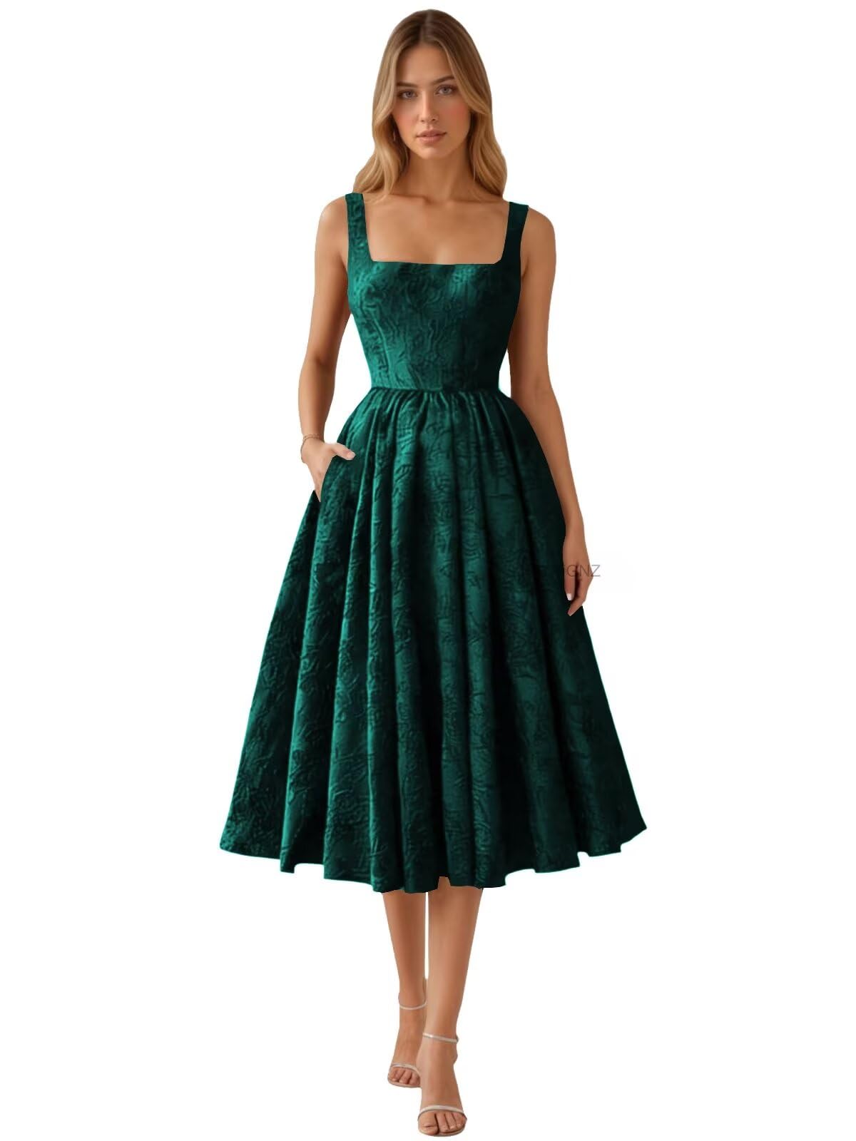 Floral Jacquard Satin Prom Dresses for Women Tea Length Formal Evening Party Dress with Pockets