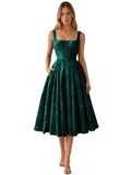 Floral Jacquard Satin Prom Dresses for Women Tea Length Formal Evening Party Dress with Pockets