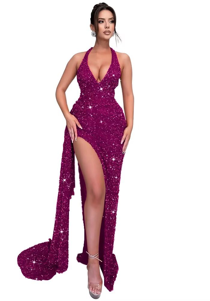 Sparkly Sequin Halter Prom Dresses for Women Mermaid Formal Dress with Slit Backless Ruched Evening Party Gowns