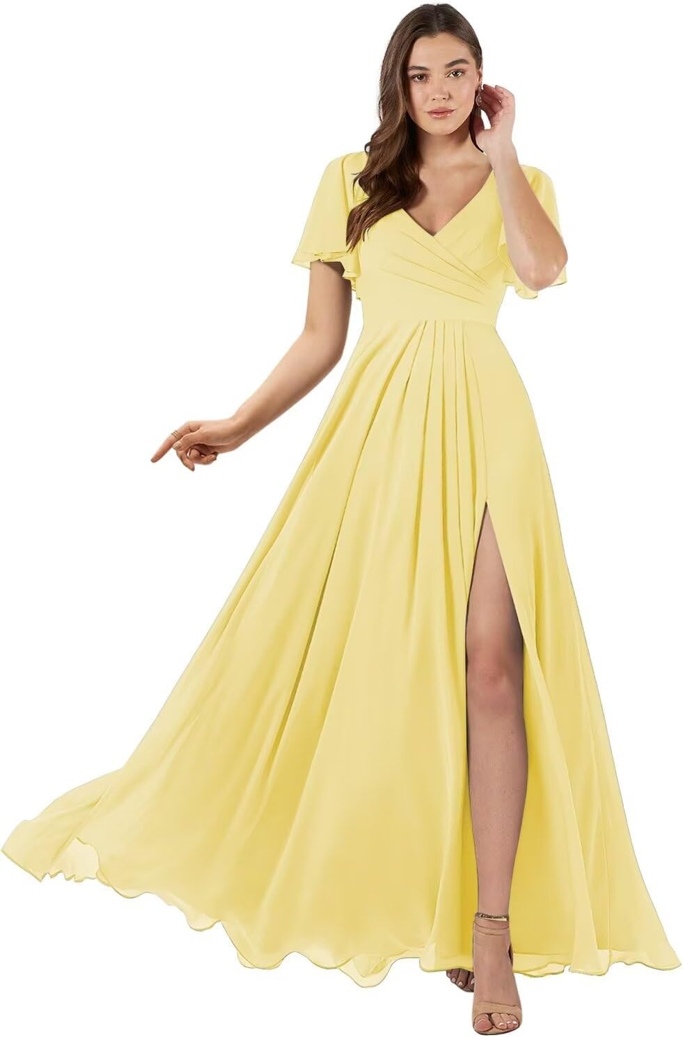 Damen Brautjungfernkleider mit Flatterärmeln, lang, mit Schlitz, V-Ausschnitt, Chiffon, formelle Kleider 
