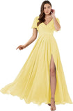 Damen Brautjungfernkleider mit Flatterärmeln, lang, mit Schlitz, V-Ausschnitt, Chiffon, formelle Kleider 
