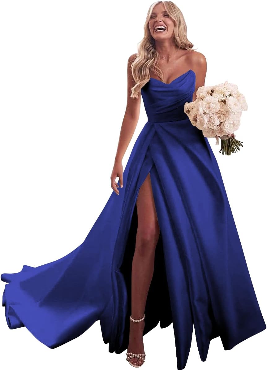 Strapless Satin Prom Wedding Dresses with Slit Long Pleats Formal Ball Bridal Gowns with Pockets