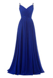 Women's Lace Chiffon Bridesmaid Dresses for Wedding Long Spaghetti Straps Bodice Formal Party Gown with Pockets