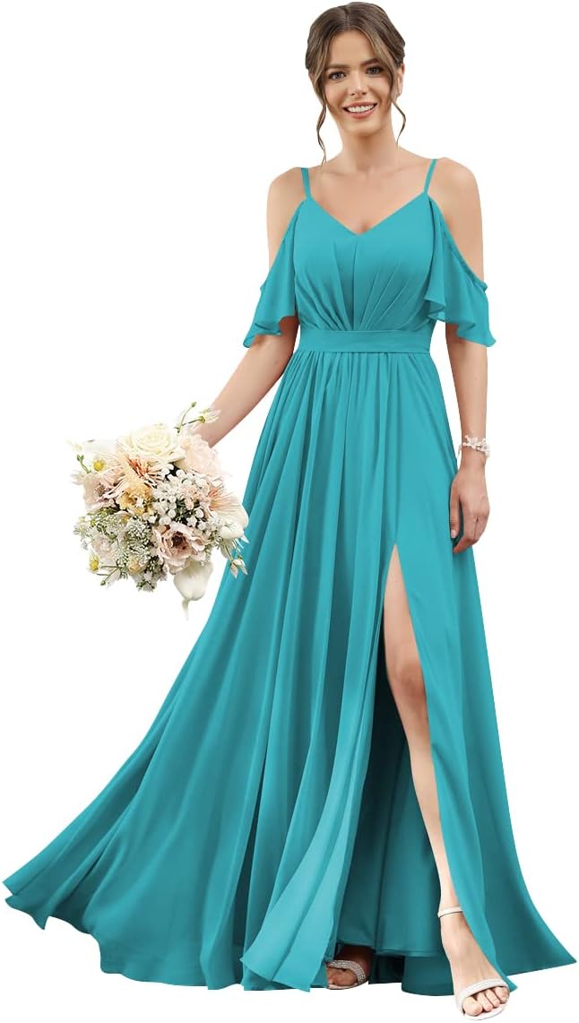 Women's Cold Shoulder Ruffle Sleeves Bridesmaid Dresses for Women 2025 Pleated Chiffon Formal Dresses with Slit