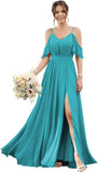Women's Cold Shoulder Ruffle Sleeves Bridesmaid Dresses for Women 2025 Pleated Chiffon Formal Dresses with Slit