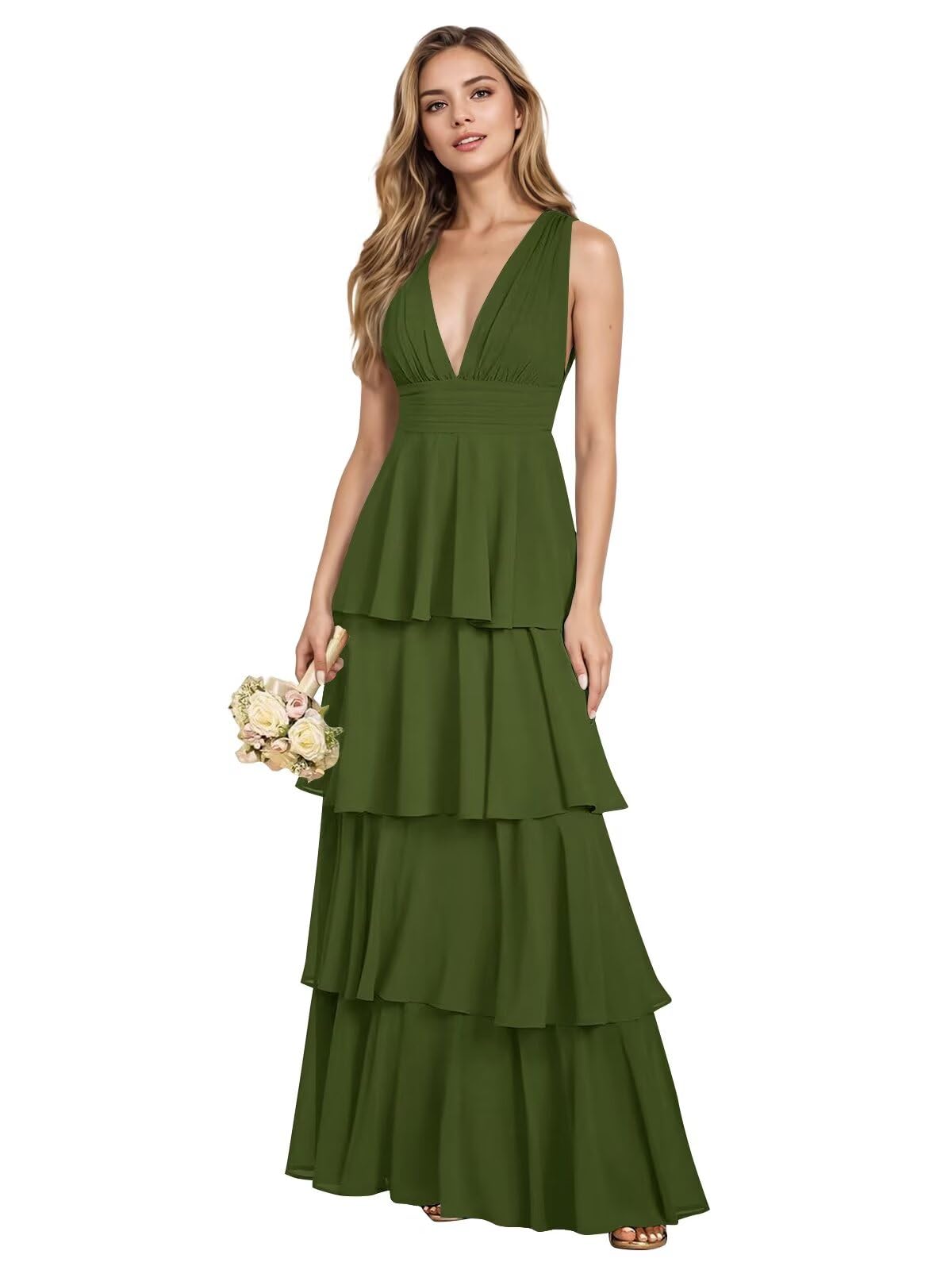 V Neck Chiffon Bridesmaid Dresses for Women 2027 Long Tiered A-Line Ruffles Formal Evening Party Dress