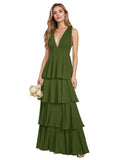 V Neck Chiffon Bridesmaid Dresses for Women 2027 Long Tiered A-Line Ruffles Formal Evening Party Dress