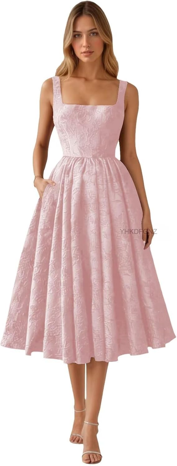 Floral Jacquard Satin Prom Dresses for Women Tea Length Formal Evening Party Dress with Pockets