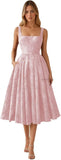 Floral Jacquard Satin Prom Dresses for Women Tea Length Formal Evening Party Dress with Pockets