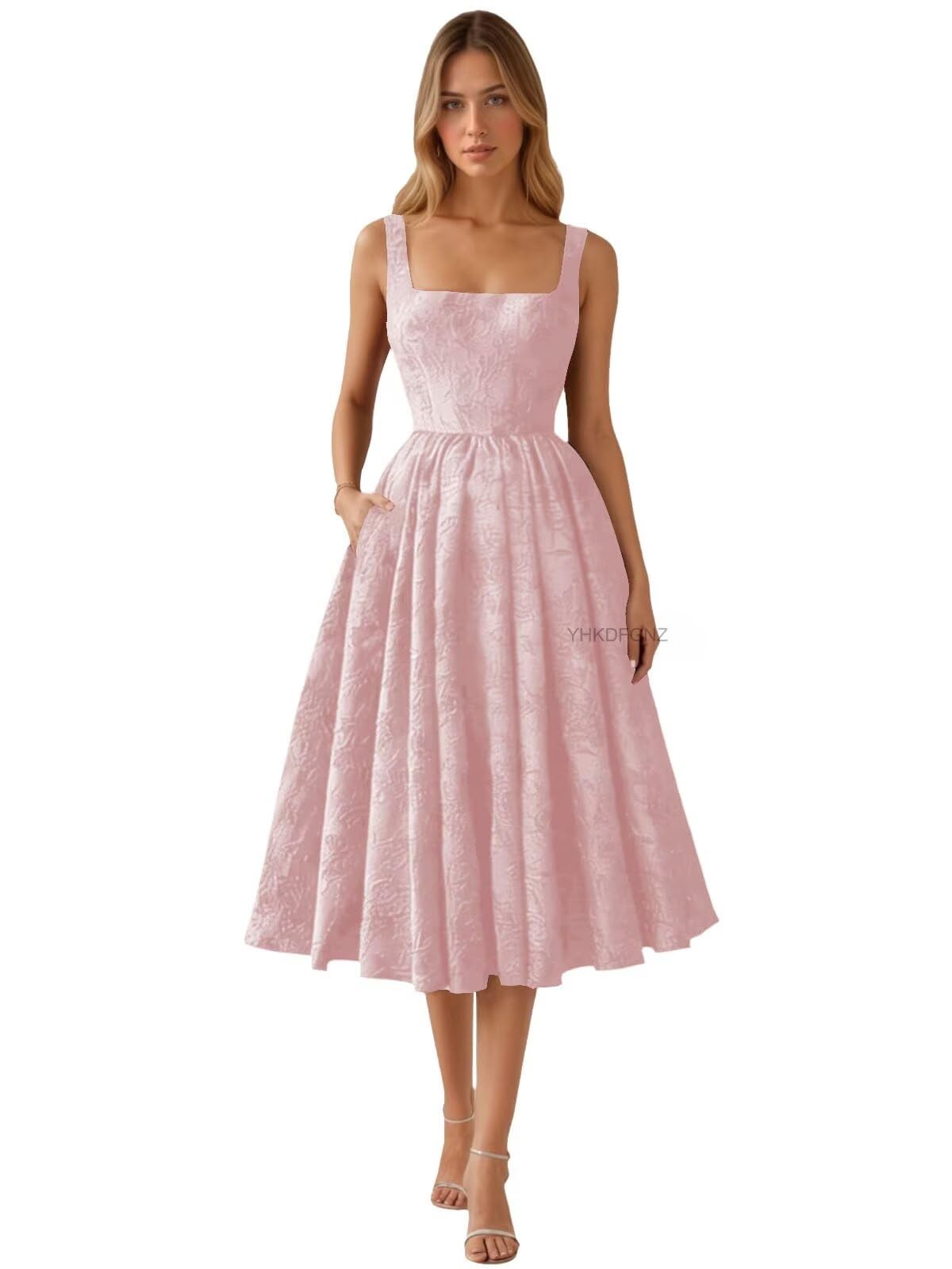 Floral Jacquard Satin Prom Dresses for Women Tea Length Formal Evening Party Dress with Pockets