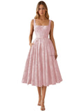 Floral Jacquard Satin Prom Dresses for Women Tea Length Formal Evening Party Dress with Pockets