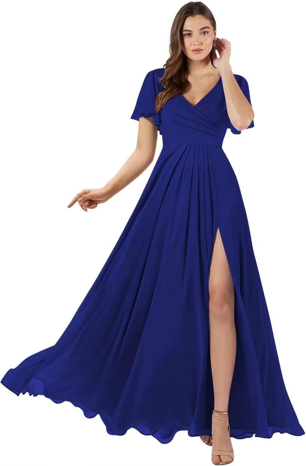 Damen Brautjungfernkleider mit Flatterärmeln, lang, mit Schlitz, V-Ausschnitt, Chiffon, formelle Kleider 