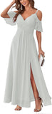 Women's Cold Shoulder Bridesmaid Dresses Long Summer Side Slit Chiffon Formal Evening Gown with Pockets