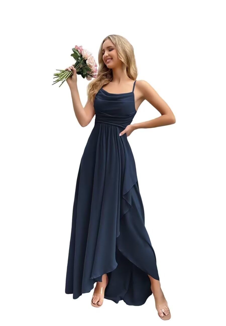 Spaghetti Strap Chiffon Bridesmaid Dresses for Women Long Ruched A-Line Cowl Neck Formal Evening Gowns with Slit
