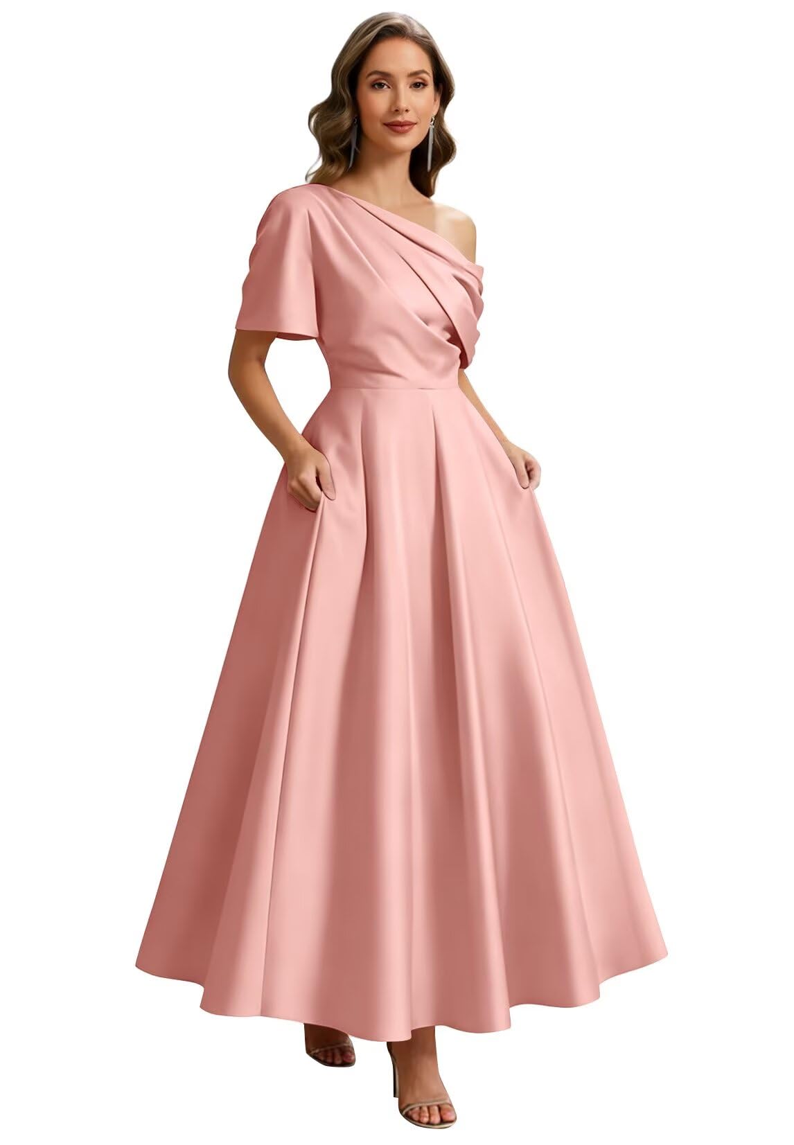 Kingbridal Satin Mother of The Bride Dresses for Women Tea Length Formal Dress One Shoulder Evening Party Gowns with Pockets