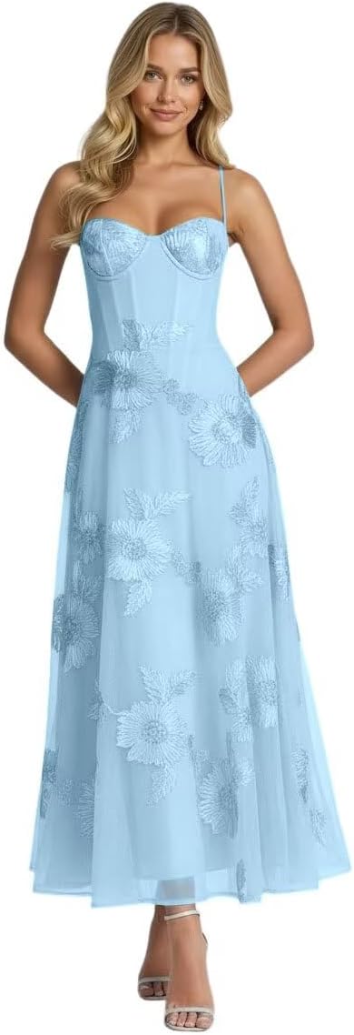 Jacquard Tulle Prom Dresses Spaghetti Straps Formal Evening Party Dress Tea Length